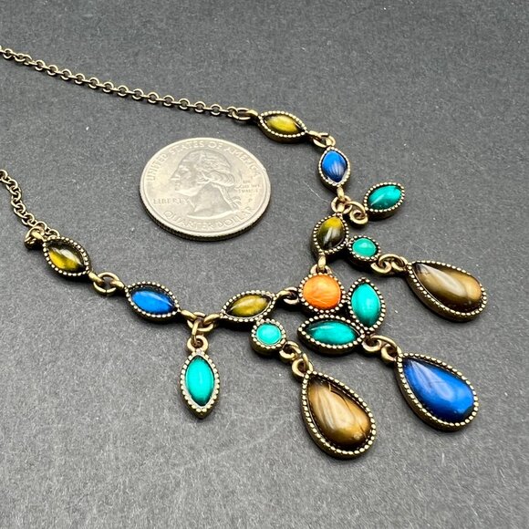 Avon SAQ Necklace Y Drop Bib‎ Blue Green Multishape Stones Brass Tone Chain - Picture 7 of 7